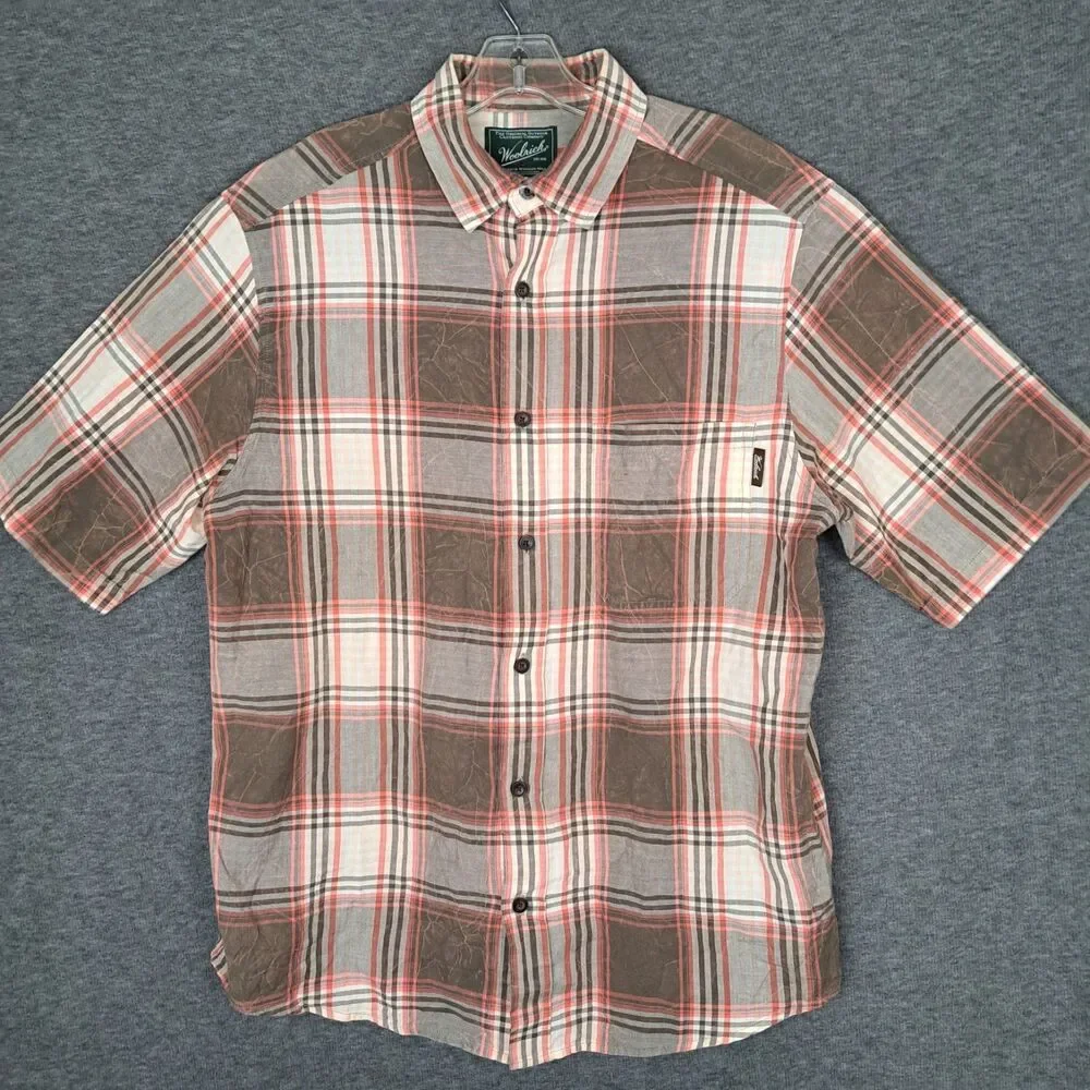 Woolrich Mens Size Medium Plaid Cracked Button Up Short Sleeve Shirt‎ Pockets